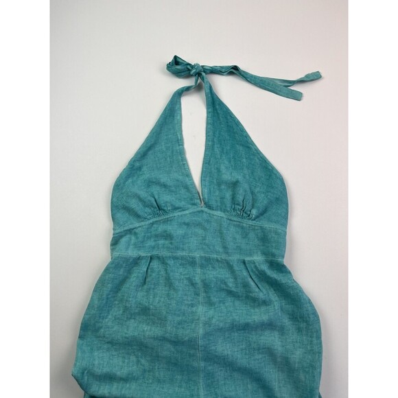 Made in Italy Linen Halter Jumpsuit Size M Wide Leg Open Back Teal Beachy Summer - Picture 13 of 13